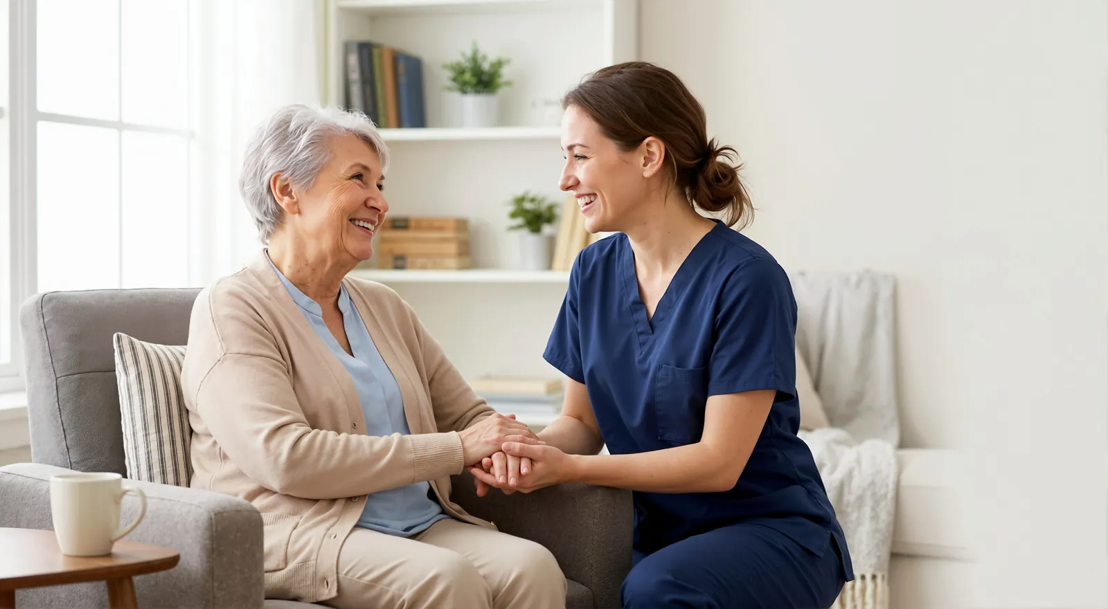 Carer warmly holding an older woman's hands in her armchair